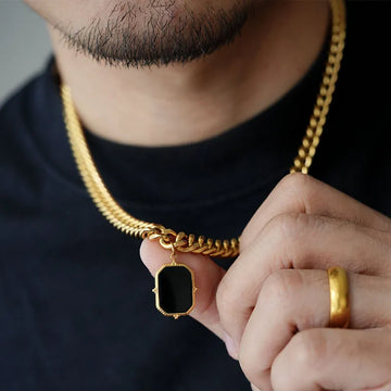 Men’s Gold & Black Square Pendant Necklace – Minimalist Titanium Steel Chain