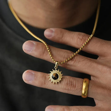 Men's Gold Sunflower Pendant Necklace with Cat Eye Stone