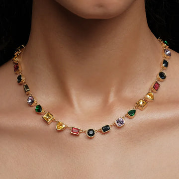 Vintage-Inspired Multicolor Necklace – Teardrop & Square Cubic Zirconia Stones