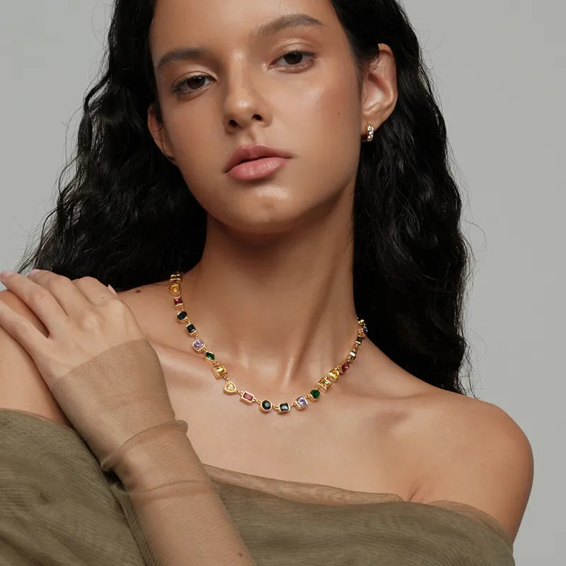 Vintage-Inspired Multicolor Necklace – Teardrop & Square Cubic Zirconia Stones