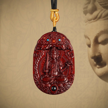 Hand-Carved Purple Sandalwood Guardian Buddha Pendant Necklace