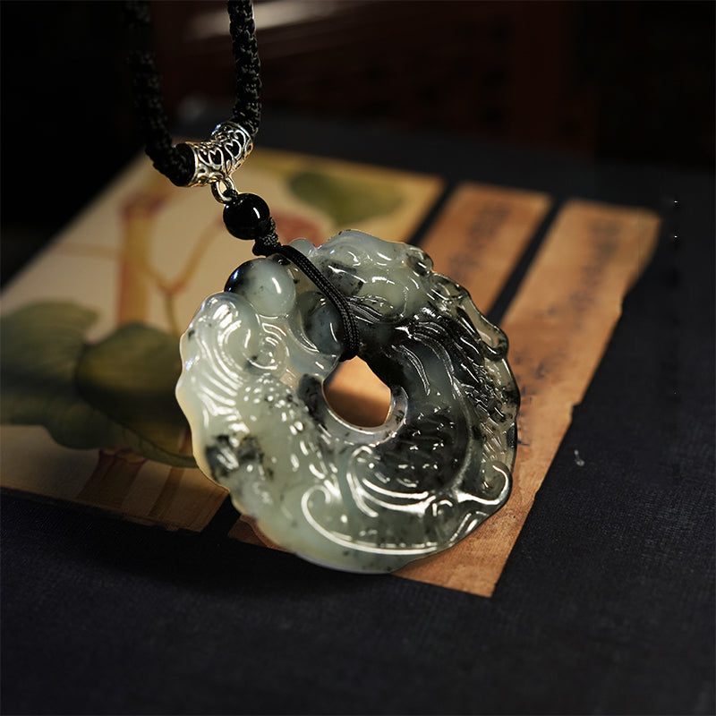 Natural Xiuyan Jade Pendant – Koi & Dragon Motif | Handcrafted Chinese Ink-Style Necklace