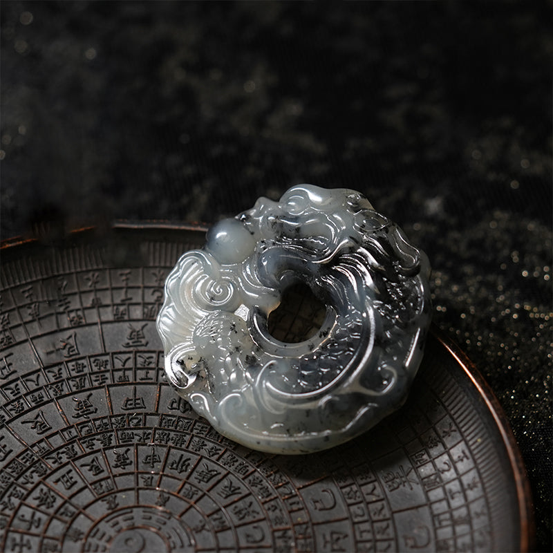 Natural Xiuyan Jade Pendant – Koi & Dragon Motif | Handcrafted Chinese Ink-Style Necklace