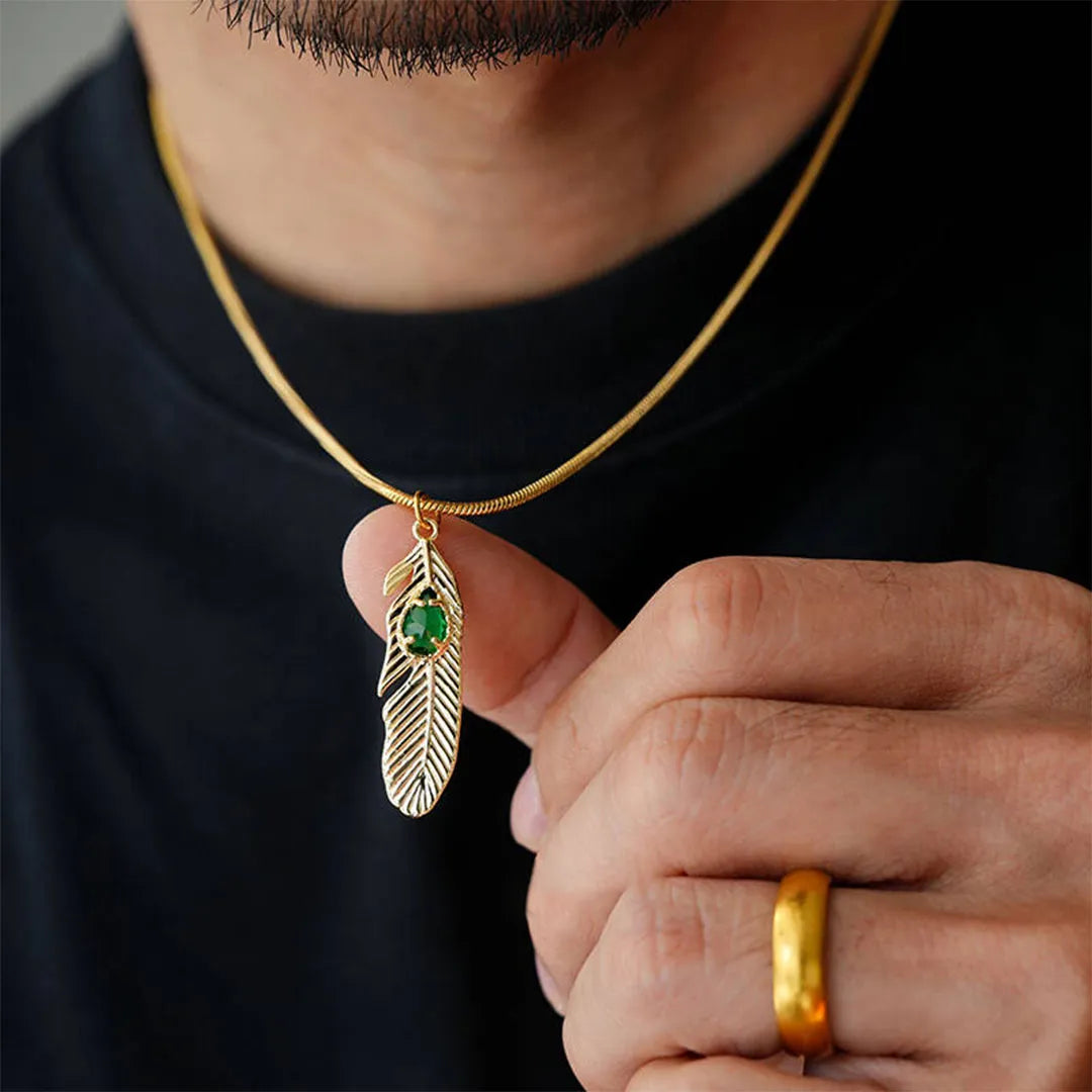 Gold Feather Pendant Necklace with Emerald Crystal | Unisex Titanium Steel Jewelry