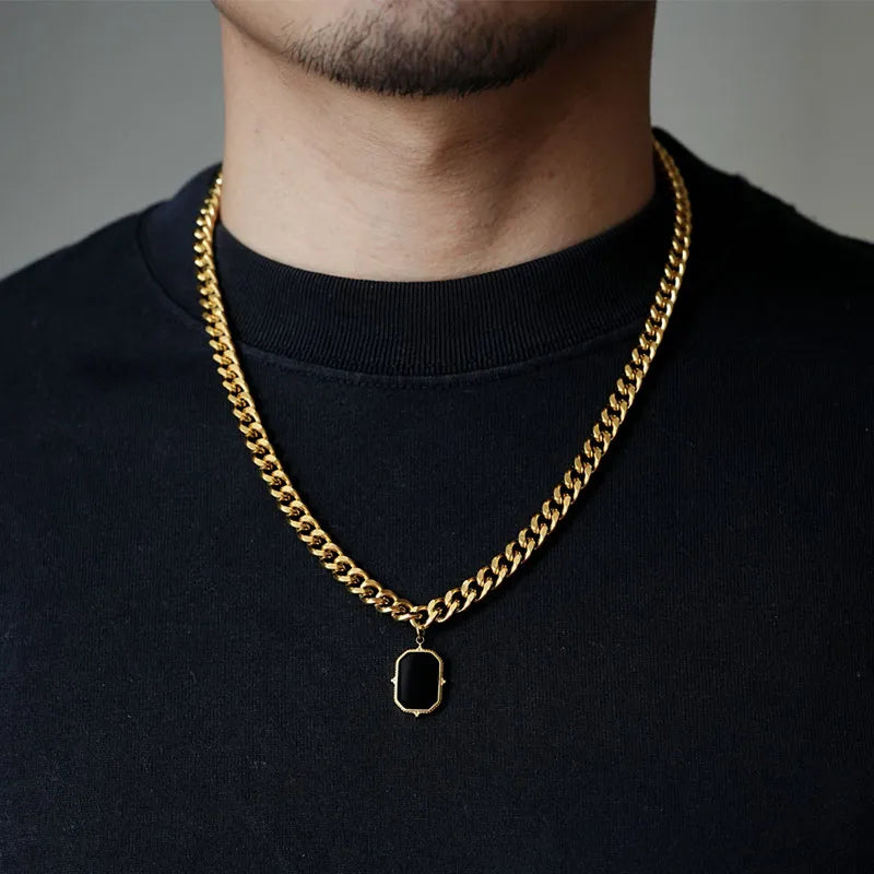 Men’s Gold & Black Square Pendant Necklace – Minimalist Titanium Steel Chain