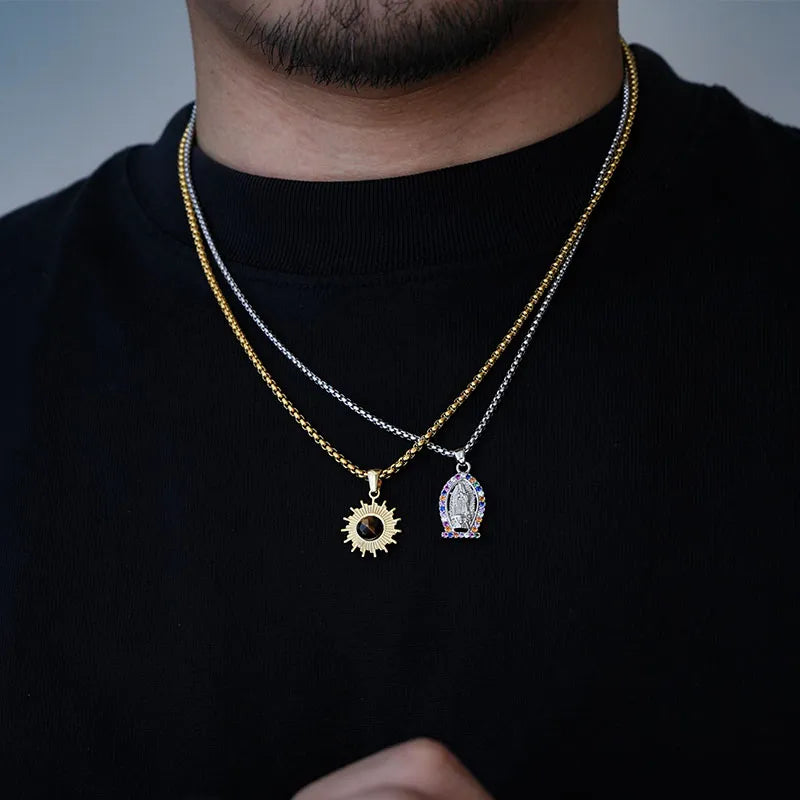 Men's Gold Sunflower Pendant Necklace with Cat Eye Stone