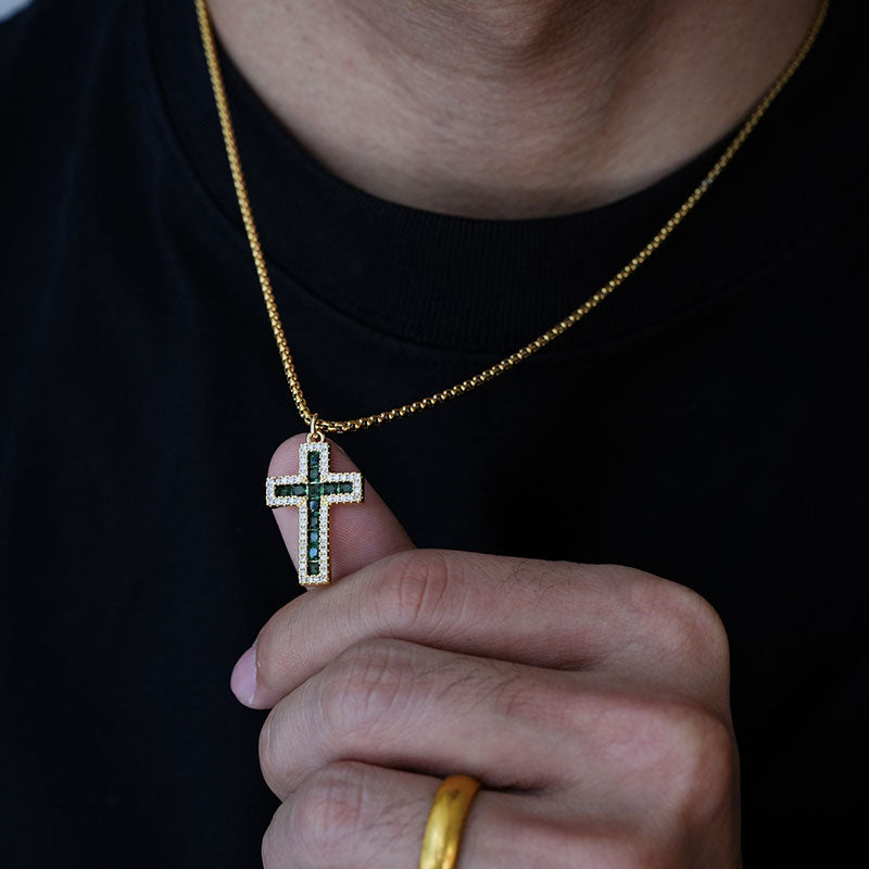 Men’s Gold Cross Pendant Necklace – Emerald Green Inlay on Titanium Steel