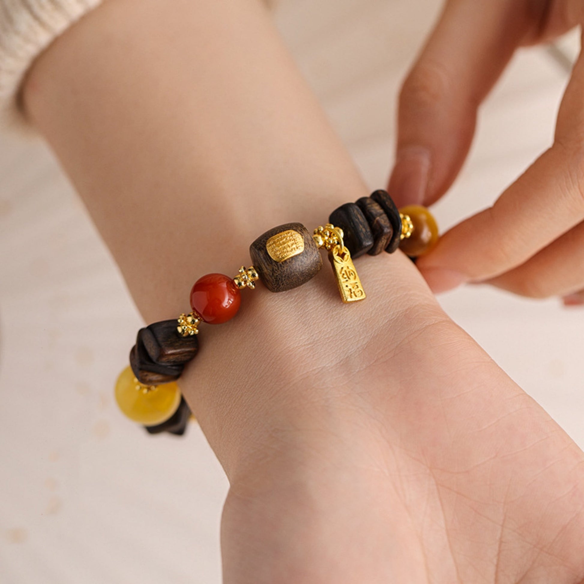 Dragon’s Breath Free-Form Agarwood & Agate Mala Bracelet