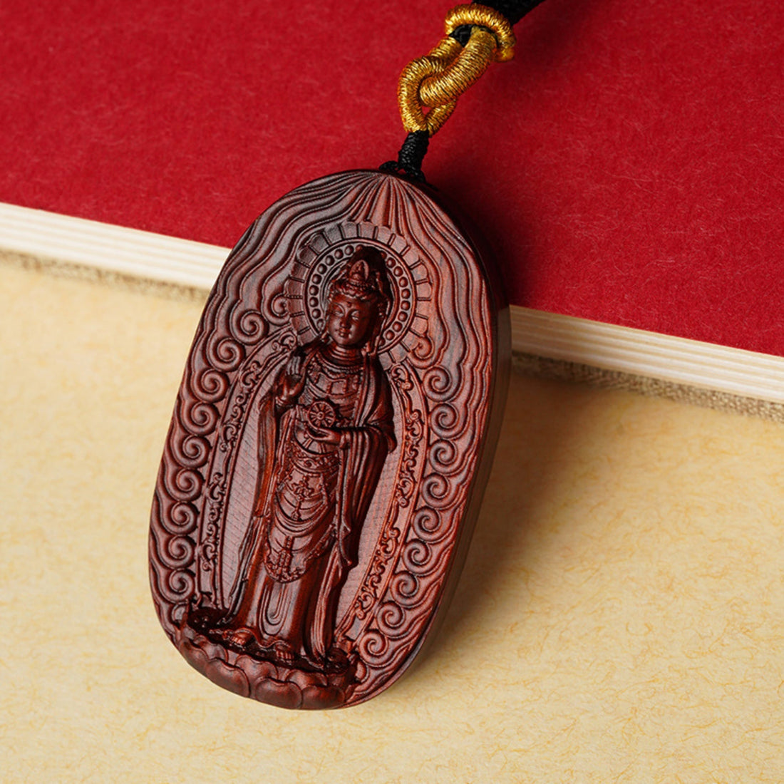 Hand-Carved Sandalwood Guanyin Pendant Amulet Necklace