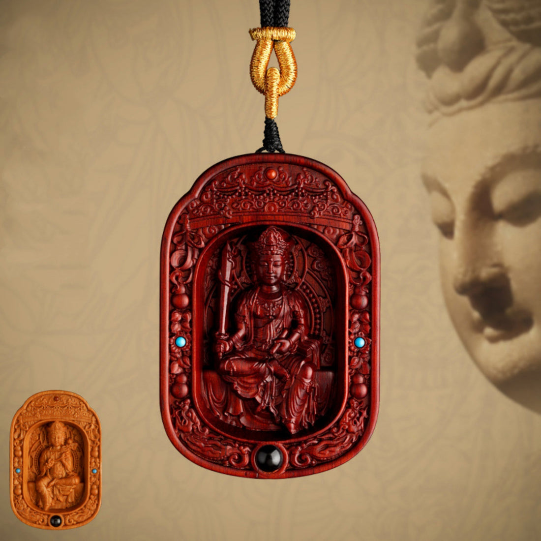 Hand-Carved Sandalwood Zodiac Guardian Buddha Shrine Pendant Necklace