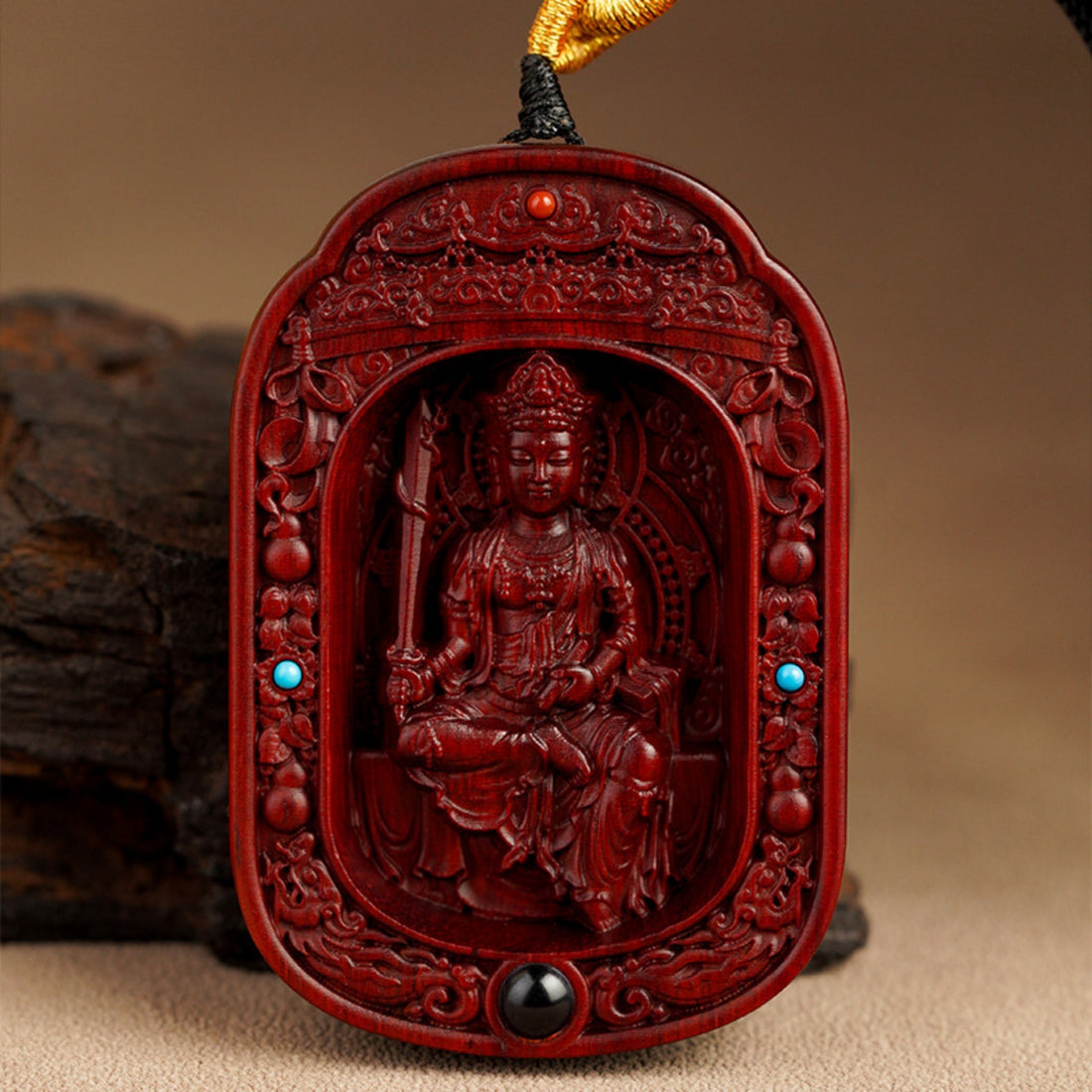 Hand-Carved Sandalwood Zodiac Guardian Buddha Shrine Pendant Necklace