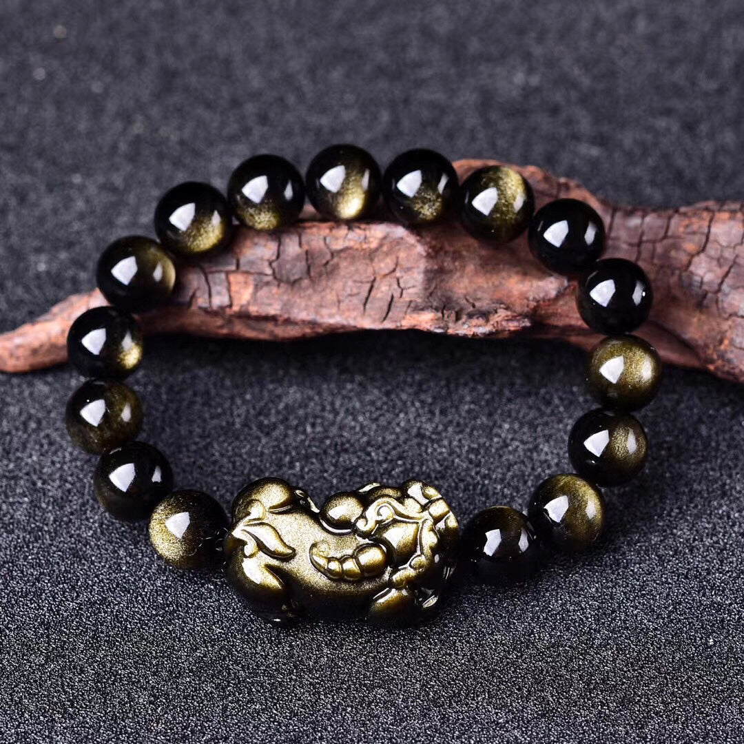 Pulsera Pixiu Feng Shui de obsidiana tótem de oro negro