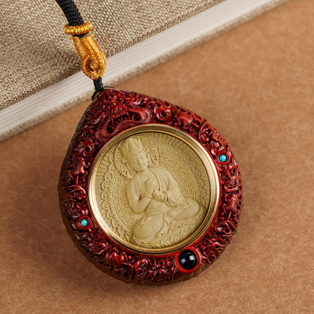 Natural Sandalwood Carved Guardian Buddha Pendant Necklace