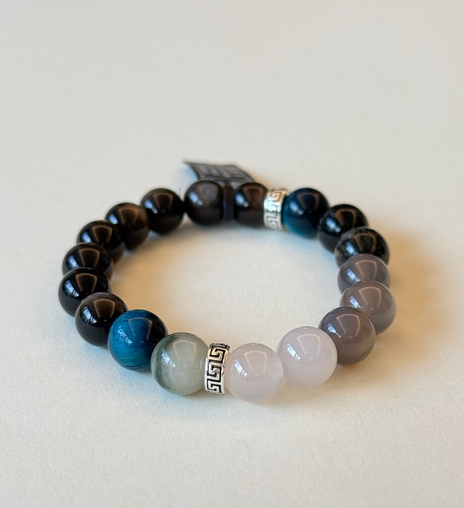 Pulsera de Triple Protección - Obsidiana Plateada · Ojo de Tigre · Cuarzo Rutilado Negro