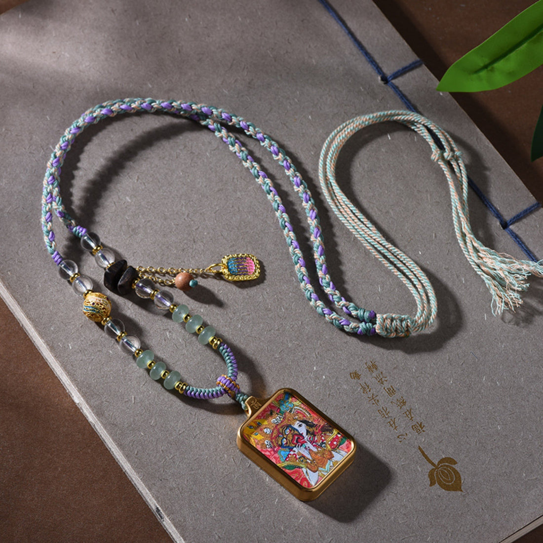 Zakiram Thangka Pendant Crystal Cotton Rope Necklace