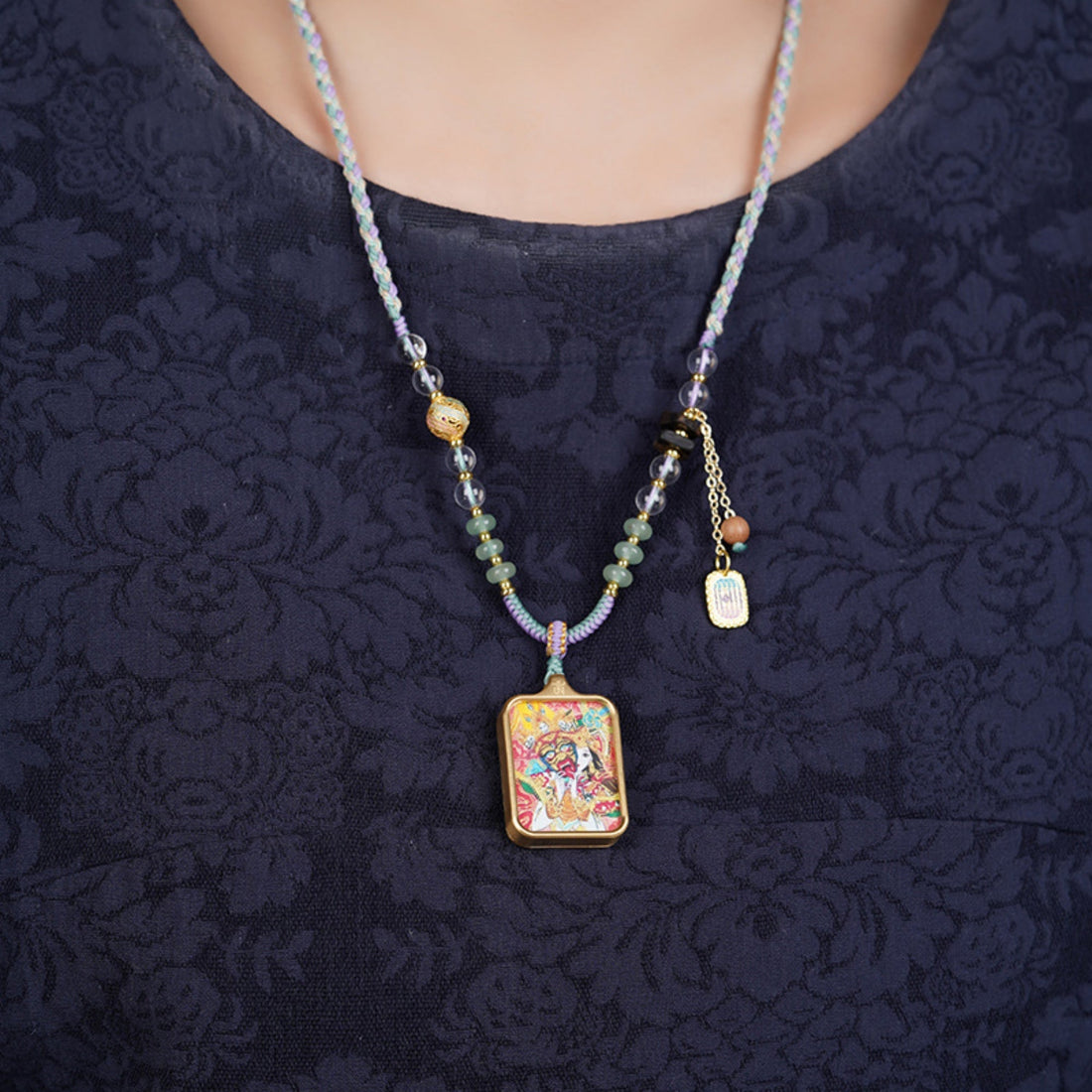 Zakiram Thangka Pendant Crystal Cotton Rope Necklace