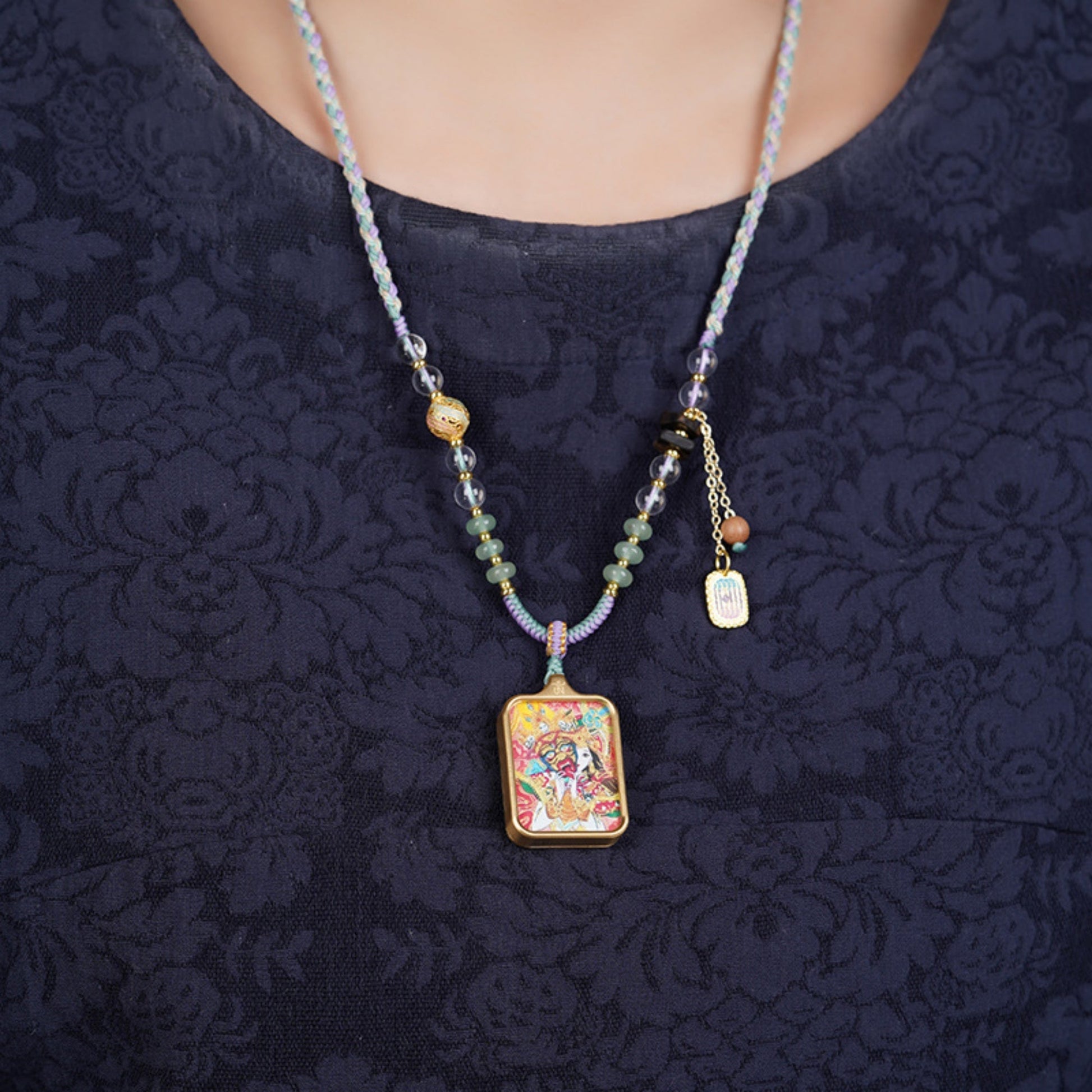 Zakiram Thangka Pendant Crystal Cotton Rope Necklace