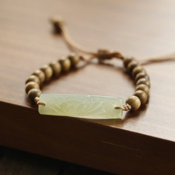 Zen Healing Natürlicher Jade Lotus Anhänger Grüne Sandelholzperle Ruhearmband