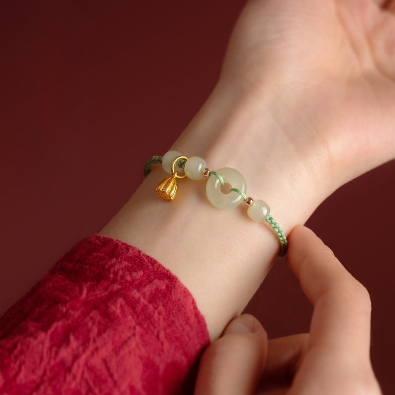 Zen Healing Fußkettchen aus natürlicher Hetian-Jade mit Friedensschnalle, Schutz, Glück, geflochtenes Armband