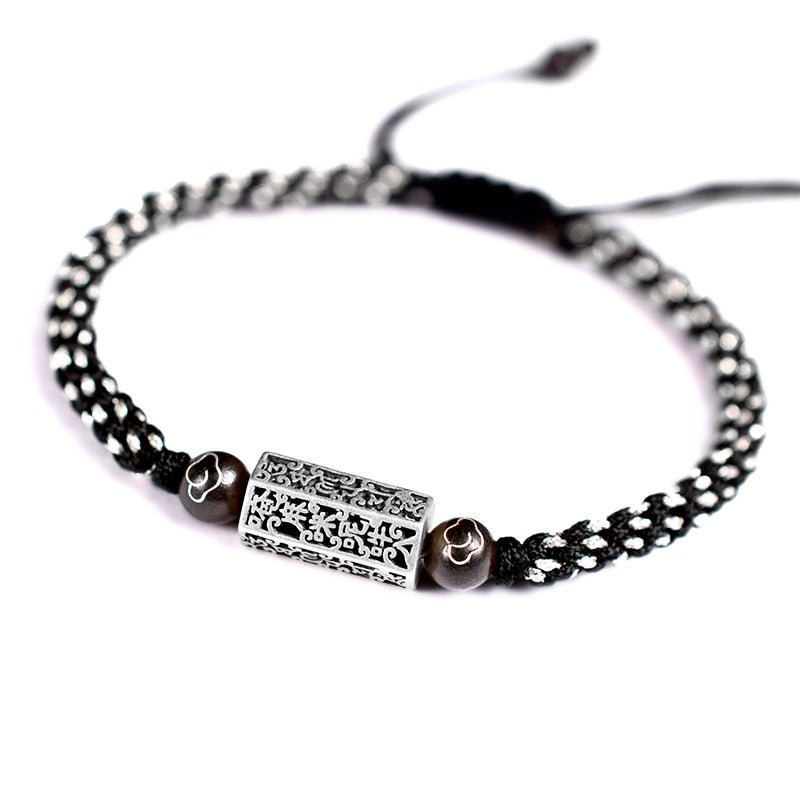 Handwoven Silver Tibetan Six Words Mantra Lucky Bracelet - Buddha Power Store